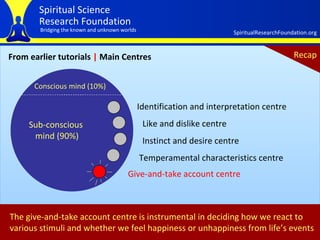 From earlier tutorials  |  Main Centres The give-and-take account centre is instrumental in deciding how we react to  various stimuli and whether we feel happiness or unhappiness from life’s events Conscious mind (10%) Sub-conscious  mind (90%) Identification and interpretation centre   Like and dislike centre Instinct and desire centre   Temperamental characteristics centre   Give-and-take account centre   Recap 