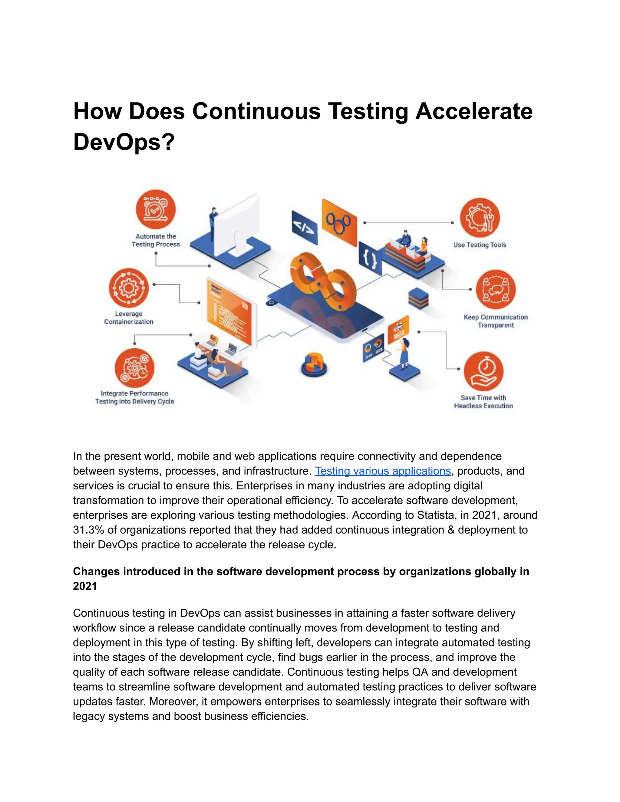 How Does Continuous Testing Accelerate DevOps? In the present world, mobile and web applications require connectivity and dependence between systems, processes, and infrastructure. Testing various applications, products, and services is crucial to ensure this. Enterprises in many industries are adopting digital transformation to improve their operational efficiency. To accelerate software development, enterprises are exploring various testing methodologies. According to Statista, in 2021, around 31.3% of organizations reported that they had added continuous integration & deployment to their DevOps practice to accelerate the release cycle. Changes introduced in the software development process by organizations globally in 2021 Continuous testing in DevOps can assist businesses in attaining a faster software delivery workflow since a release candidate continually moves from development to testing and deployment in this type of testing. By shifting left, developers can integrate automated testing into the stages of the development cycle, find bugs earlier in the process, and improve the quality of each software release candidate. Continuous testing helps QA and development teams to streamline software development and automated testing practices to deliver software updates faster. Moreover, it empowers enterprises to seamlessly integrate their software with legacy systems and boost business efficiencies. 