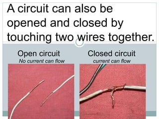 A circuit can also be
opened and closed by
touching two wires together.
Open circuit Closed circuit
No current can flow current can flow
 