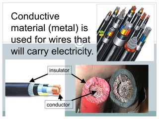 Conductive
material (metal) is
used for wires that
will carry electricity.
insulator
conductor
 