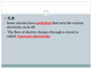  N.B:
- Some circuits have switches that turn the current
electricity on & off.
- The flow of electric charges through a circuit is
called: Current electricity
 