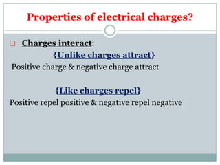 Properties of electrical charges?
 Charges interact:
{Unlike charges attract}
Positive charge & negative charge attract
{Like charges repel}
Positive repel positive & negative repel negative
 