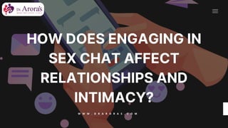 HOW DOES ENGAGING IN
SEX CHAT AFFECT
RELATIONSHIPS AND
INTIMACY?
W W W . D R A R O R A S . C O M
 