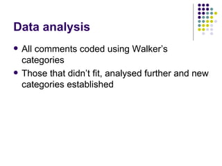 Data analysis All comments coded using Walker’s categories Those that didn’t fit, analysed further and new categories established 