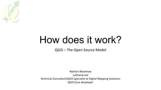 How does it work?
QGIS – The Open Source Model
Nathan Woodrow
nathanw.net
Technical Consultant/QGIS Specialist at Digital Mapping Solutions
QGIS Core developer
 