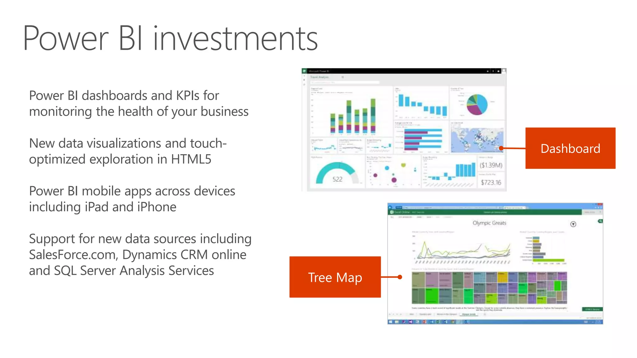 Power BI dashboards and KPIs for
monitoring the health of your business
New data visualizations and touch-
optimized exploration in HTML5
Power BI mobile apps across devices
including iPad and iPhone
Support for new data sources including
SalesForce.com, Dynamics CRM online
and SQL Server Analysis Services
Dashboard
Tree Map
 