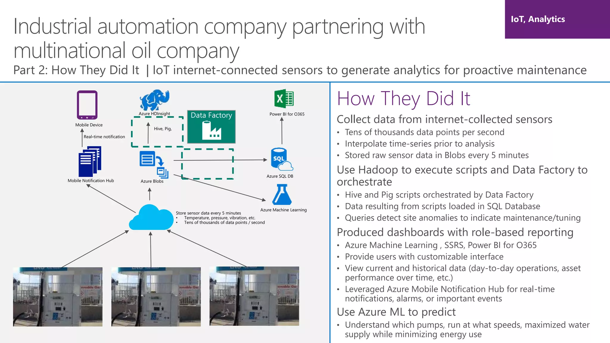 BK1
Industrial automation company partnering with
multinational oil company
Part 2: How They Did It | IoT internet-connected sensors to generate analytics for proactive maintenance
How They Did It
Collect data from internet-collected sensors
• Tens of thousands data points per second
• Interpolate time-series prior to analysis
• Stored raw sensor data in Blobs every 5 minutes
Use Hadoop to execute scripts and Data Factory to
orchestrate
• Hive and Pig scripts orchestrated by Data Factory
• Data resulting from scripts loaded in SQL Database
• Queries detect site anomalies to indicate maintenance/tuning
Produced dashboards with role-based reporting
• Azure Machine Learning , SSRS, Power BI for O365
• Provide users with customizable interface
• View current and historical data (day-to-day operations, asset
performance over time, etc.)
• Leveraged Azure Mobile Notification Hub for real-time
notifications, alarms, or important events
Use Azure ML to predict
• Understand which pumps, run at what speeds, maximized water
supply while minimizing energy use
IoT, Analytics
 
