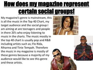 How does my magazine represent
       certain social groups!
My magazine’s genre is mainstream, this
is all the music in the Top 40 Chart, my
target audience and the social group I
am aiming at are teenagers and people
in there 20’s who enjoy listening to
music in the charts. The music mostly in
the top 40 chart is usually pop and R&B
including artists such as; Flo Rida,
Rihanna and Tinie Tempah. Therefore
the music in my magazine is mostly of
these genres because a majority of my
audience would like to see this genre
and these artists.
 