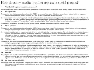 How does my media product represent social groups?
•     Which Social Groups were you aiming to represent?
My magazine (media product) is primarily aimed at five separate social groups (which I shall go into further detail of age and gender in their criteria):
1.    ROCK genre fans
These are the fans who incorporate themselves within “ROCK” genre music. Rock is one of the three genres that are featured within my magazine,
     making it very appealing to those of this genre, YET may be off put by the other two featured genres.
I’ve involved rock’s theme in my magazine, to instantly tell the potential reader that it is a rock magazine. This will include the dark colours of black and
       white, casual tone text (in articles or references that feature a rock persona) and most importantly the reference of the genre within the meaning of
       the title of the magazine: “Thorns on Stone”, rock is symbolised by the “Stone” in the title in literal terms of rock and stone.
This audience audience are within the age range of 16-30, gender: Male and obviously with the music interest of Rock.
7.    METAL genre fans
These are the fans who incorporate themselves within “METAL” genre music. Metal is one of the three genres that are featured within my magazine,
     making it very appealing to those of this genre, Yet may be put off put by the other two featured genres.
I’ve involved metal’s theme in my magazine, to instantly tell the potential reader that it is a metal magazine. This will include the thorn effect on the cover
       page, the serious tone text (in articles or references that feature a metal persona) and most importantly the reference of the genre within the
       meaning of the title of the magazine: “Thorns on Stone”, metal is symbolised by the theme of thorns (as being dark and violent) and have the rock
       (as a rock genre) be changed to stone as a link to how metal is also a material.
10.   PUNK genre fans
These are the fans who incorporate themselves within ‘PUNK’ genre music. Punk is one of the three genres that are featured within my magazine,
     making it very appealing to those of this genre, Yet may be put off by the other two featured genres.
I’ve involved punk’s theme in my magazine, to instantly tell the potential reader that it is a punk magazine. This will include the Bright red colours used in
       contrast over the white and black, the extreme casual tone in text (in articles or references that feature a punk persona) and most importantly the
       reference of the genre within the meaning of the title of the magazine: “Thorns on Stone”, punk is symbolised by the theme of spikes and the
       roughness that the stone represents within the music.
13.   Band fans
Not just genre fans would like to read our magazine, but those who are fans of a specific band, may like to read it as well, due to their contribution to the
      magazine. This may lead on to them discovering similar bands or (more drastically) genres that they like, comprising and presenting a whole range
      of genres in one, that fans can learn off of. This is why we use the weight of the bands name on the front cover, to attract most of this audience.
15.   And those who love all THREE!
And lastly to those, rare, and yet perfect audiences who love ALL THREE genres and most of the bands associated, as these people would love to read
      ONE magazine that has the latest on all the favourite names of the three genres, instead having to buy three separate magazines of different
      genres to read from.
 