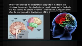 This course allowed me to identify all the parts of the brain, the
divisions, the nerves, the distribution of blood, every part of the brain,
in a way I could not before. No doubt I learned a lot during and even
after the end during the development of the final project. Thank you!
 