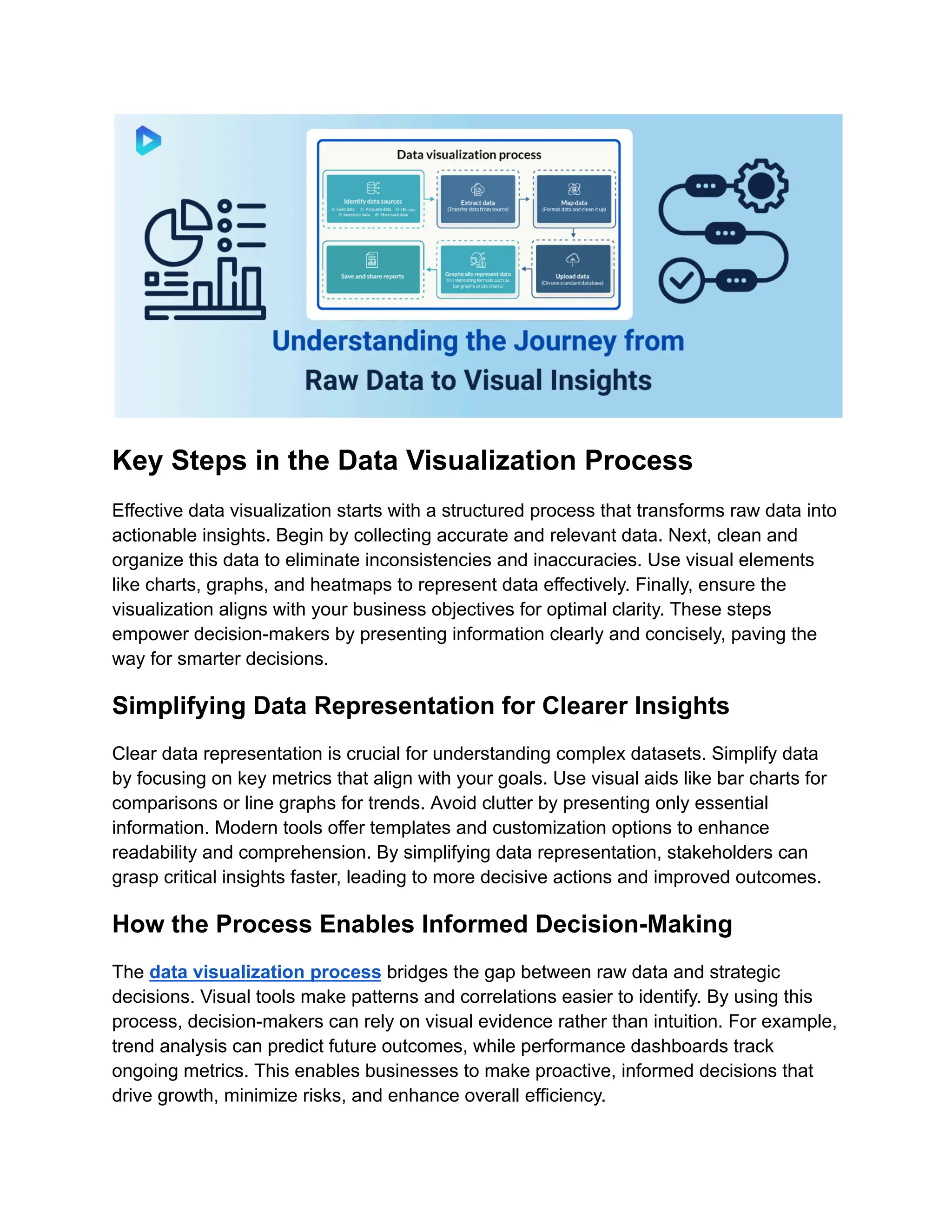 Key Steps in the Data Visualization Process
Effective data visualization starts with a structured process that transforms raw data into
actionable insights. Begin by collecting accurate and relevant data. Next, clean and
organize this data to eliminate inconsistencies and inaccuracies. Use visual elements
like charts, graphs, and heatmaps to represent data effectively. Finally, ensure the
visualization aligns with your business objectives for optimal clarity. These steps
empower decision-makers by presenting information clearly and concisely, paving the
way for smarter decisions.
Simplifying Data Representation for Clearer Insights
Clear data representation is crucial for understanding complex datasets. Simplify data
by focusing on key metrics that align with your goals. Use visual aids like bar charts for
comparisons or line graphs for trends. Avoid clutter by presenting only essential
information. Modern tools offer templates and customization options to enhance
readability and comprehension. By simplifying data representation, stakeholders can
grasp critical insights faster, leading to more decisive actions and improved outcomes.
How the Process Enables Informed Decision-Making
The data visualization process bridges the gap between raw data and strategic
decisions. Visual tools make patterns and correlations easier to identify. By using this
process, decision-makers can rely on visual evidence rather than intuition. For example,
trend analysis can predict future outcomes, while performance dashboards track
ongoing metrics. This enables businesses to make proactive, informed decisions that
drive growth, minimize risks, and enhance overall efficiency.
 
