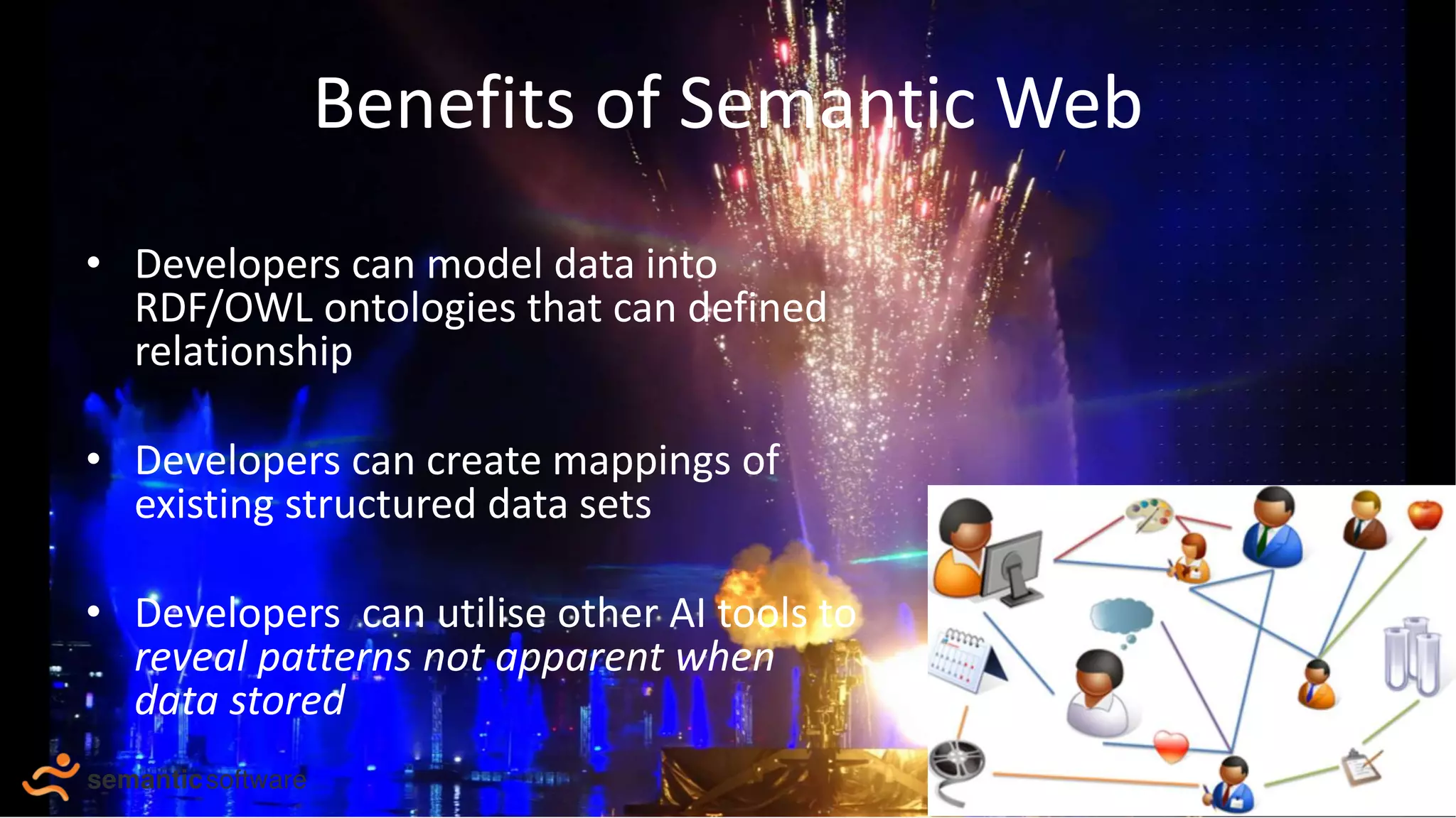Benefits of Semantic Web
• Developers can model data into
RDF/OWL ontologies that can defined
relationship
• Developers can create mappings of
existing structured data sets
• Developers can utilise other AI tools to
reveal patterns not apparent when
data stored
 