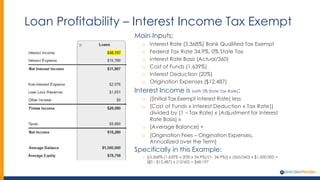Loan Profitability – Interest Income Tax Exempt
Main Inputs:
o Interest Rate (3.368%) Bank Qualified Tax Exempt
o Federal Tax Rate 34.9%, 0% State Tax
o Interest Rate Basis (Actual/360)
o Cost of Funds (1.639%)
o Interest Deduction (20%)
o Origination Expenses ($12,487)
Interest Income is (with 0% State Tax Rate):
o ([Initial Tax Exempt Interest Rate] less
o [Cost of Funds x Interest Deduction x Tax Rate])
divided by (1 – Tax Rate) x [Adjustment for Interest
Rate Basis] x
o [Average Balance] +
o [Origination Fees – Origination Expenses,
Annualized over the Term]
Specifically in this Example:
o {(3.368%-[1.639% x 20% x 34.9%)/(1- 34.9%)} x (365/360) x $1,000,000 +
($0 - $12,487) x (12/60) = $48,197
 