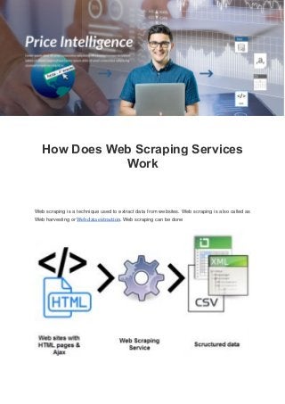 How Does Web Scraping Services
Work
Web scraping is a technique used to extract data from websites. Web scraping is also called as
Web harvesting or Web data extraction. Web scraping can be done
 