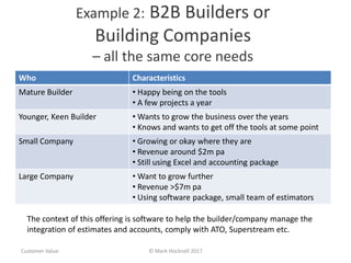 Example 2: B2B Builders or
Building Companies
– all the same core needs
Who Characteristics
Mature Builder • Happy being on the tools
• A few projects a year
Younger, Keen Builder • Wants to grow the business over the years
• Knows and wants to get off the tools at some point
Small Company • Growing or okay where they are
• Revenue around $2m pa
• Still using Excel and accounting package
Large Company • Want to grow further
• Revenue >$7m pa
• Using software package, small team of estimators
Customer Value © Mark Hocknell 2017
The context of this offering is software to help the builder/company manage the
integration of estimates and accounts, comply with ATO, Superstream etc.
 