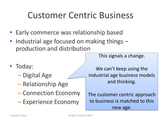 Customer Centric Business
• Early commerce was relationship based
• Industrial age focused on making things –
production and distribution
• Today:
– Digital Age
– Relationship Age
– Connection Economy
– Experience Economy
Customer Value © Mark Hocknell 2017
This signals a change.
We can’t keep using the
industrial age business models
and thinking.
The customer centric approach
to business is matched to this
new age.
 