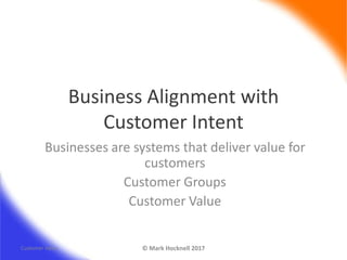 Business Alignment with
Customer Intent
Businesses are systems that deliver value for
customers
Customer Groups
Customer Value
Customer Value © Mark Hocknell 2017
 