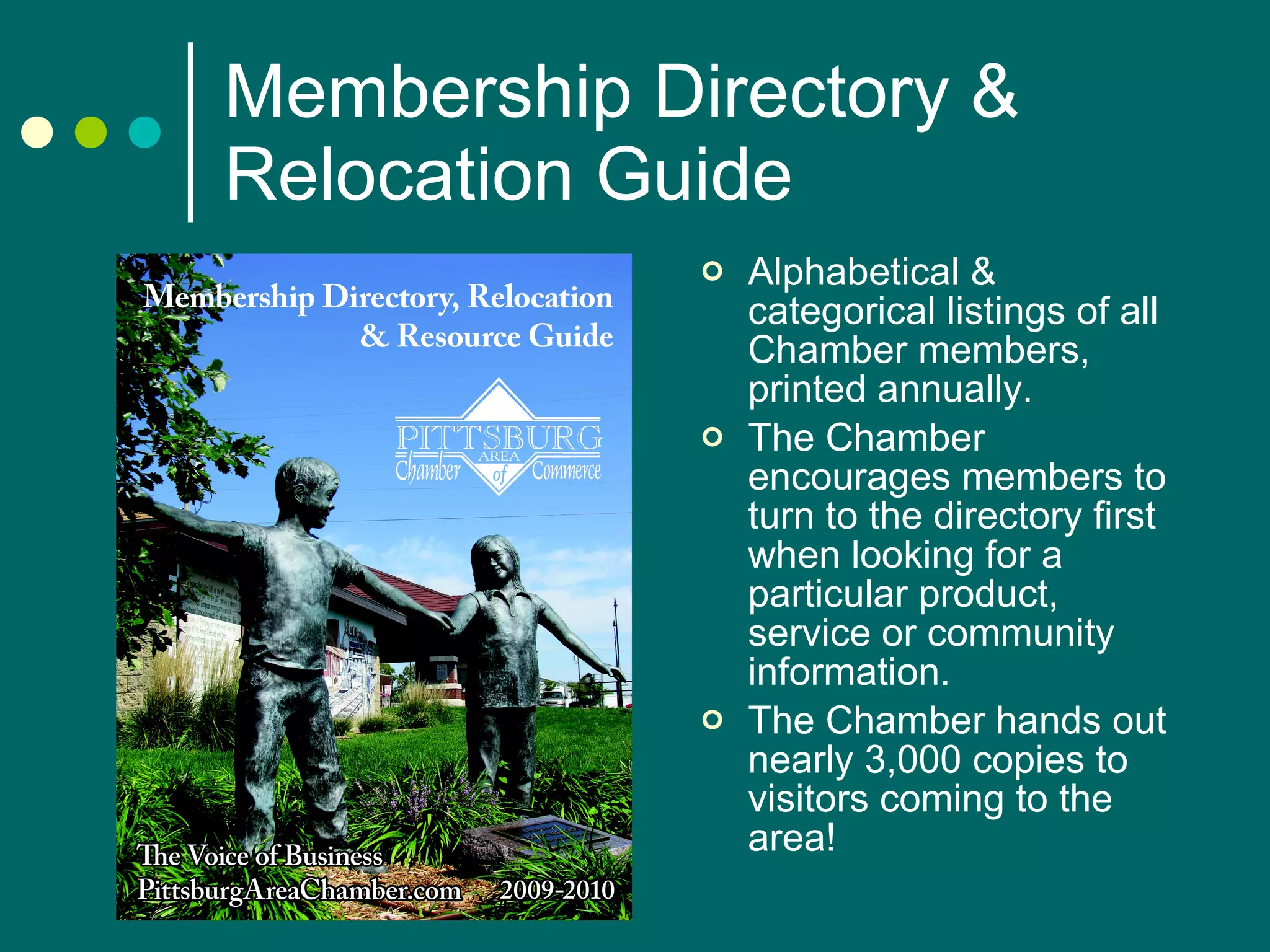 Membership Directory & Relocation Guide Alphabetical & categorical listings of all Chamber members, printed annually. The Chamber encourages members to turn to the directory first when looking for a particular product, service or community information. The Chamber hands out nearly 3,000 copies to visitors coming to the area! 