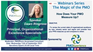 1
PMOfficers all rights reserved 2020-21
Webinars Series
The Magic of the PMO
Speaker
Dawn Ringrose
Principal, Organizational
Excellence Specialists
Moderator: PMOfficers Associated Consultant
Date: Wednesday 15th of September 2021
Barcelona (Spain) 20.00 Local Time
Sponsored by
OBJECTIVE:
• To review the current state of organizational excellence
by size, industry sector and region and consider how
your PMO measures up and compares to others
How Does Your PMO
Measure Up?
 