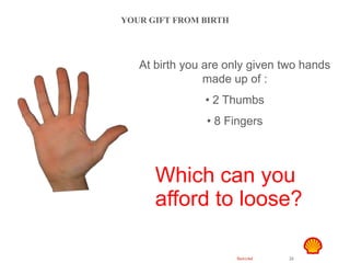 Restricted 26
TSF DTL HAZID
Hand Safety
YOUR GIFT FROM BIRTH
At birth you are only given two hands
made up of :
• 2 Thumbs
• 8 Fingers
Which can you
afford to loose?
 