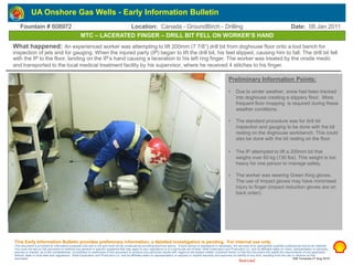 Restricted
MTC – LACERATED FINGER – DRILL BIT FELL ON WORKER’S HAND
Fountain # 608972 Location: Canada - GroundBirch - Drilling Date: 08 Jan 2011
Preliminary Information Points:
• Due to winter weather, snow had been tracked
into doghouse creating a slippery floor. More
frequent floor mopping is required during these
weather conditions.
• The standard procedure was for drill bit
inspection and gauging to be done with the bit
resting on the doghouse workbench. This could
also be done with the bit resting on the floor.
• The IP attempted to lift a 200mm bit that
weighs over 60 kg (130 lbs). This weight is too
heavy for one person to manage safely.
• The worker was wearing Green King gloves.
The use of Impact gloves may have minimised
injury to finger (impact reduction gloves are on
back order).
What happened: An experienced worker was attempting to lift 200mm (7 7/8”) drill bit from doghouse floor onto a tool bench for
inspection of jets and for gauging. When the injured party (IP) began to lift the drill bit, his feet slipped, causing him to fall. The drill bit fell
with the IP to the floor, landing on the IP’s hand causing a laceration to his left ring finger. The worker was treated by the onsite medic
and transported to the local medical treatment facility by his supervisor, where he received 4 stitches to his finger.
This Early Information Bulletin provides preliminary information; a detailed investigation is pending. For internal use only.
This document is provided for information purposes only and is not and must not be construed as providing technical advice. If such advice or assistance is necessary, the services of an appropriate qualified professional should be retained.
You must not rely on this document to address any general or specific questions that may apply to your operations or to a particular set of facts. Shell Exploration and Production Co. and its affiliates make no claim, representation or warranty,
express or implied, as to the completeness, correctness or usefulness of this document to produce any particular results with regard to the subject matter contained herein or that this document will satisfy the requirements of any applicable
federal, state or local laws and regulations. Shell Exploration and Production Co. and its affiliates make no representation or express or implied warranty and assumes no liability of any kind, resulting from the use or reliance on this
document. EIB Template 27 Aug 2010
UA Onshore Gas Wells - Early Information Bulletin
Insert photo or diagram in this box. Take photos on “low”
resolution. Use contrasting Arial bold font for any text descriptions.
GENERAL PROCEDURE FOR EIB HANDLING
Step 1 – Be sure that you have deleted any other templates
previously used. This template is the only one currently valid to use in
Onshore Gas.
Step 2 - When the EIB is completed, send it to your HSE Supervisor
for second level review. He/she will review it and forward it to the
HSE Operations Manager for third level review.
Step 3 - The HSE Operations Manager will review the EIB and submit
it to the EIB focal point for final review and quality checks, addition to
FIM & Livelink, and distribution.
 