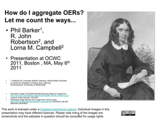 How do I aggregate OERs? Let me count the ways... Phil Barker1, R. John Robertson2, and Lorna M. Campbell2 Presentation at OCWC 2011, Boston , MA, May 6th 2011 1 Institute for Computer Based Learning, Heriot-Watt University 2 Centre for Academic Practice and Learning Enhancement, University of Strathclyde Derivative image of Elizabeth Barrett Browning based on image from http://commons.wikimedia.org/wiki/File:Elizabeth_Barrett_Browning.jpg Licence: Public Domain / PD-ART Wikimedia Image derived from image from LSUS Library http://www.jamessmithnoelcollection.org/index.html (scholarly use with attribution permitted) This work is licensed under a Creative Commons Licence. Individual Images in this presentation may have different licences. Please note many of the images are screenshots and the websites in question should be consulted for usage rights 1 