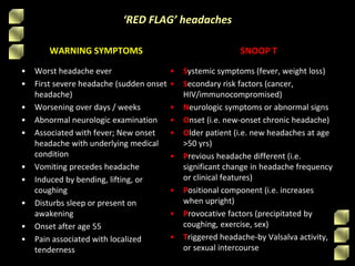 ‘RED FLAG’ headaches
WARNING SYMPTOMS
• Worst headache ever
• First severe headache (sudden onset
headache)
• Worsening over days / weeks
• Abnormal neurologic examination
• Associated with fever; New onset
headache with underlying medical
condition
• Vomiting precedes headache
• Induced by bending, lifting, or
coughing
• Disturbs sleep or present on
awakening
• Onset after age 55
• Pain associated with localized
tenderness
SNOOP T
• Systemic symptoms (fever, weight loss)
• Secondary risk factors (cancer,
HIV/immunocompromised)
• Neurologic symptoms or abnormal signs
• Onset (i.e. new-onset chronic headache)
• Older patient (i.e. new headaches at age
>50 yrs)
• Previous headache different (i.e.
significant change in headache frequency
or clinical features)
• Positional component (i.e. increases
when upright)
• Provocative factors (precipitated by
coughing, exercise, sex)
• Triggered headache-by Valsalva activity,
or sexual intercourse
 