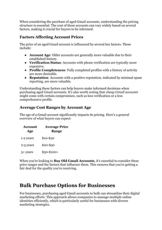 When considering the purchase of aged Gmail accounts, understanding the pricing
structure is essential. The cost of these accounts can vary widely based on several
factors, making it crucial for buyers to be informed.
Factors Affecting Account Prices
The price of an aged Gmail account is influenced by several key factors. These
include:
● Account Age: Older accounts are generally more valuable due to their
established history.
● Verification Status: Accounts with phone verification are typically more
expensive.
● Profile Completeness: Fully completed profiles with a history of activity
are more desirable.
● Reputation: Accounts with a positive reputation, indicated by minimal spam
reporting, are more valuable.
Understanding these factors can help buyers make informed decisions when
purchasing aged Gmail accounts. It's also worth noting that cheap Gmail accounts
might come with certain compromises, such as less verification or a less
comprehensive profile.
Average Cost Ranges by Account Age
The age of a Gmail account significantly impacts its pricing. Here's a general
overview of what buyers can expect:
Account
Age
Average Price
Range
1-2 years $10-$30
2-5 years $20-$50
5+ years $50-$100+
When you're looking to Buy Old Gmail Accounts, it's essential to consider these
price ranges and the factors that influence them. This ensures that you're getting a
fair deal for the quality you're receiving.
Bulk Purchase Options for Businesses
For businesses, purchasing aged Gmail accounts in bulk can streamline their digital
marketing efforts. This approach allows companies to manage multiple online
identities efficiently, which is particularly useful for businesses with diverse
marketing strategies.
 