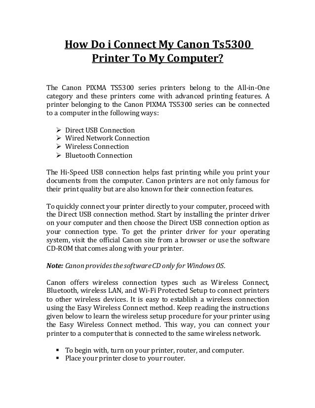 How Do i Connect My Canon Ts5300 Printer To My Computer?