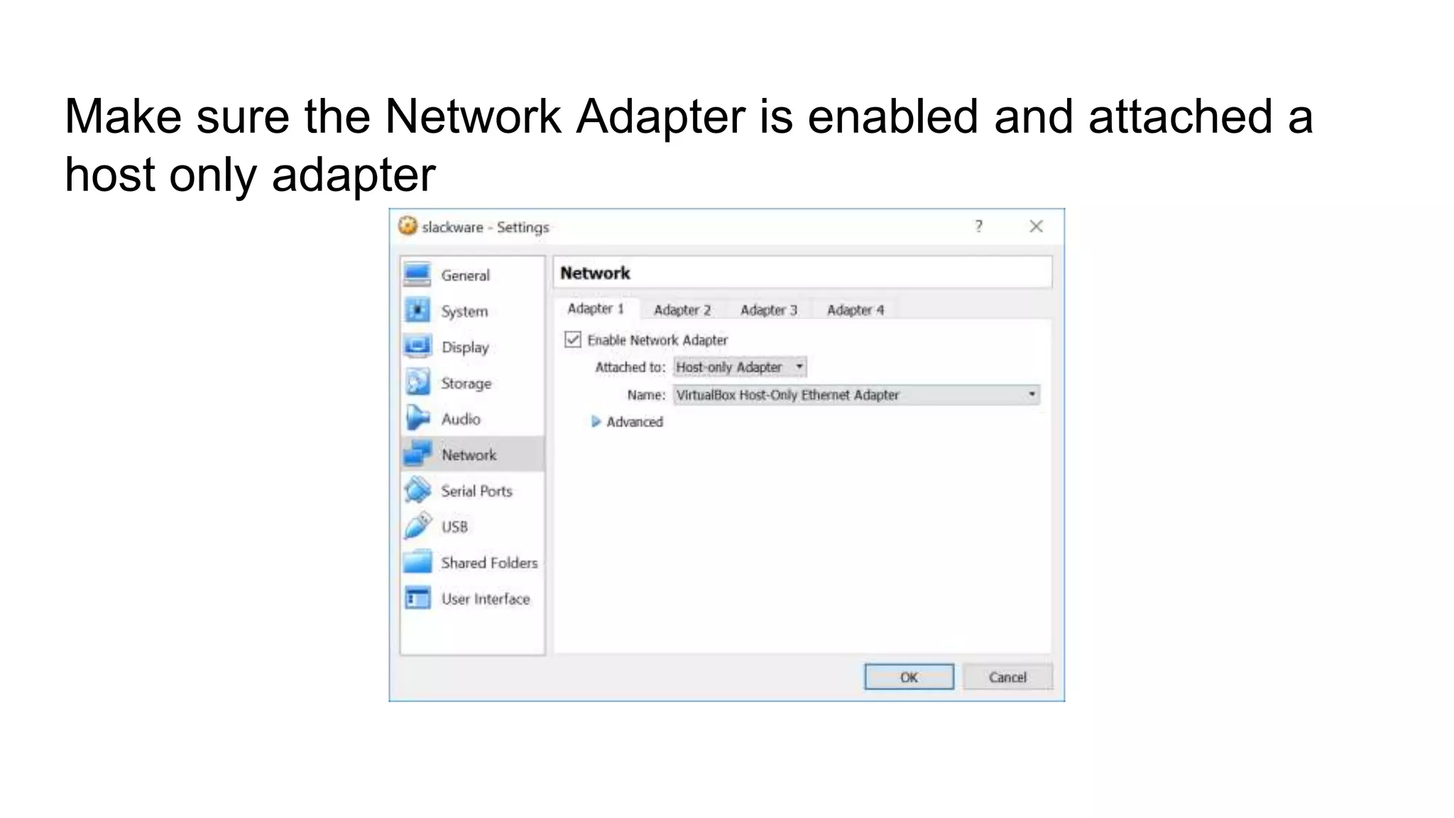 Make sure the Network Adapter is enabled and attached a
host only adapter