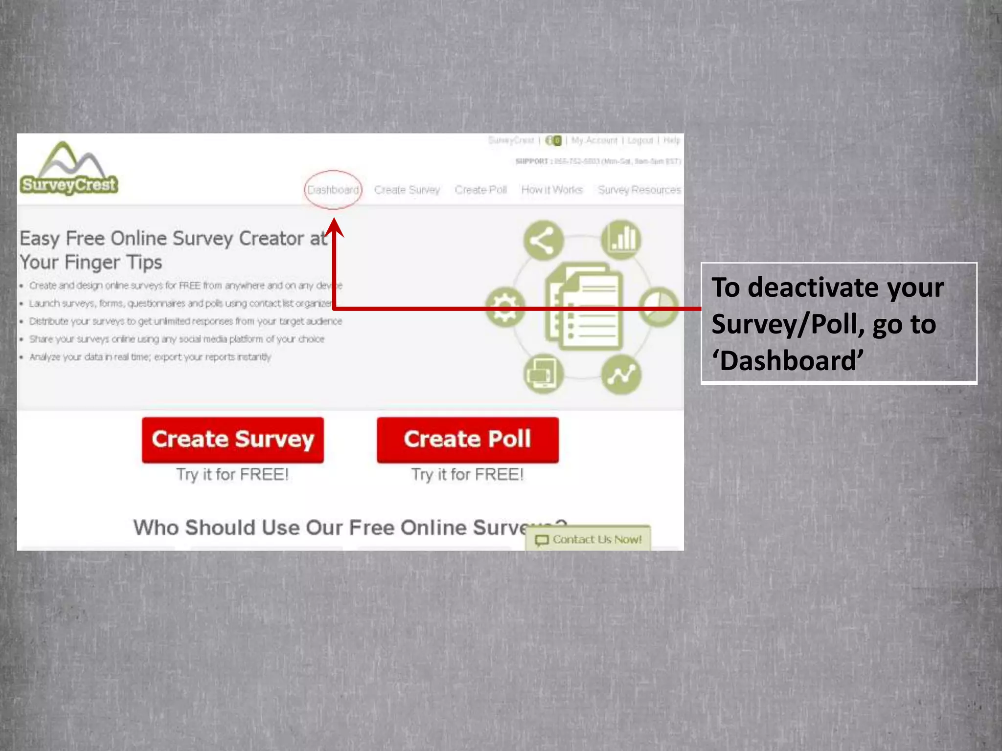 To deactivate your 
Survey/Poll, go to 
‘Dashboard’ 
 