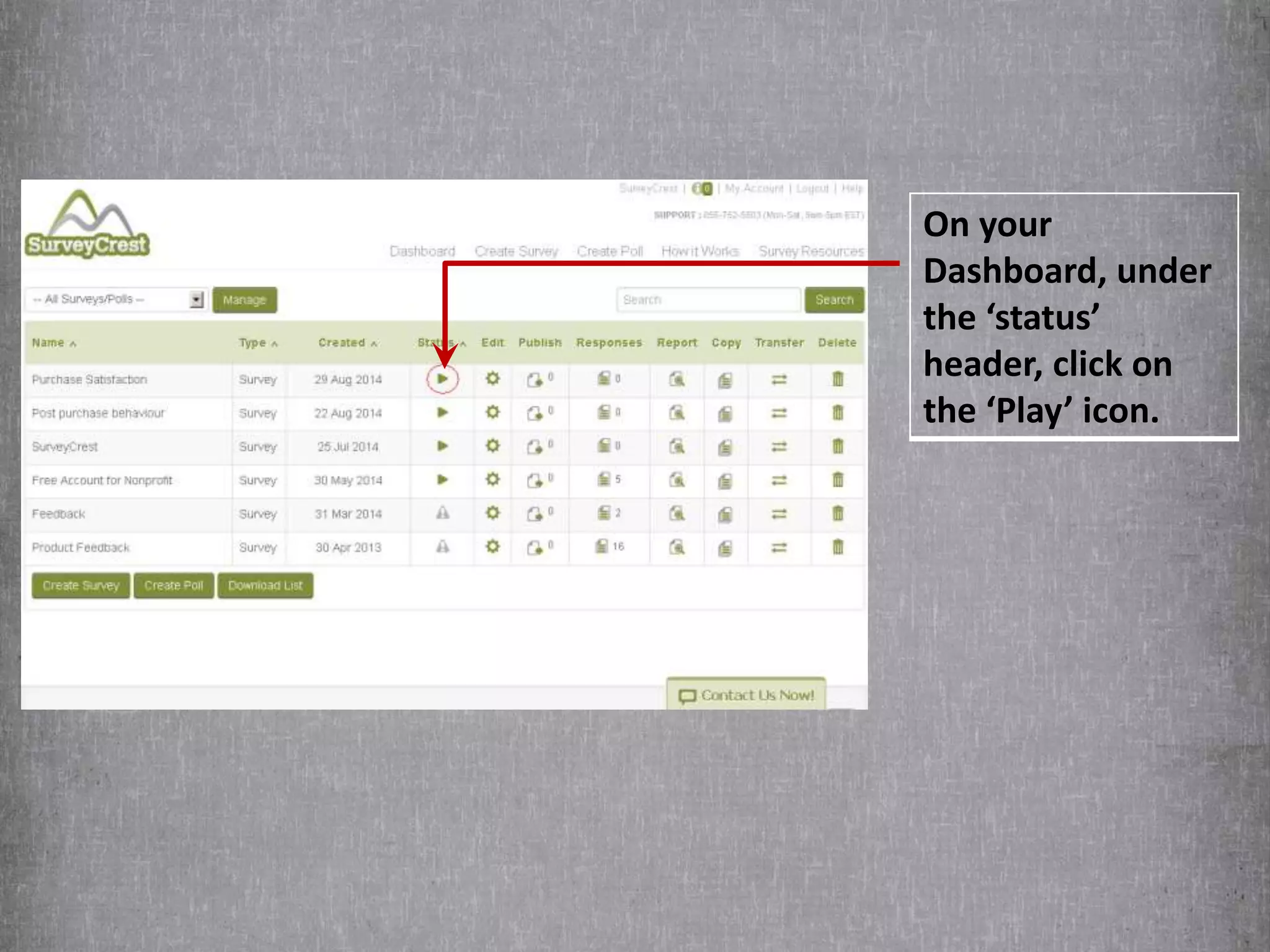 On your 
Dashboard, under 
the ‘status’ 
header, click on 
the ‘Play’ icon. 
 