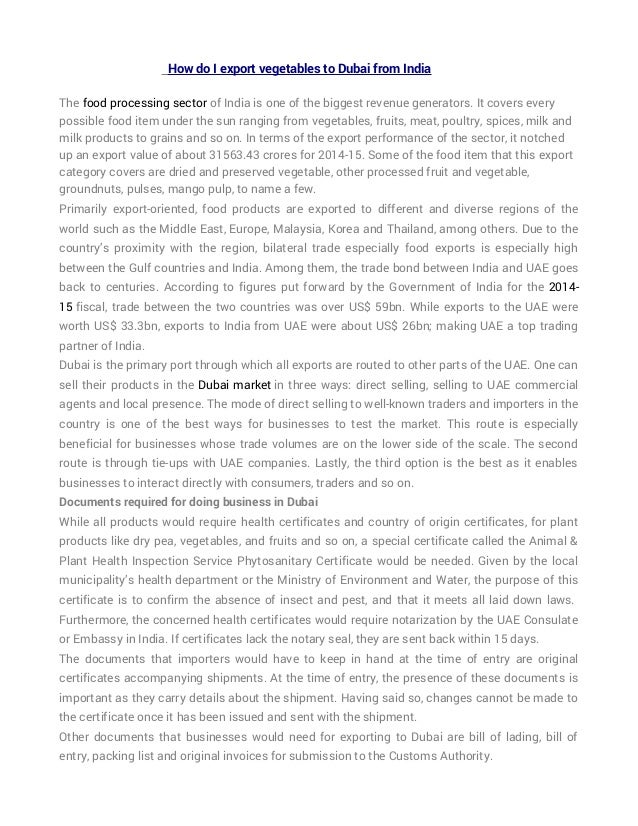 How do i export vegetables to Dubai from India