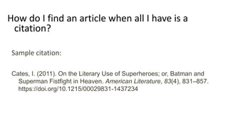 How do I find an article when all I have is a
citation?
Sample citation:
Cates, I. (2011). On the Literary Use of Superher...