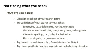 Not finding what you need?
• Check the spelling of your search terms
• Try variations of your search terms, such as:
• Syn...