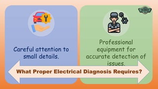Careful attention to
small details.
Professional
equipment for
accurate detection of
issues.
What Proper Electrical Diagnosis Requires?
 