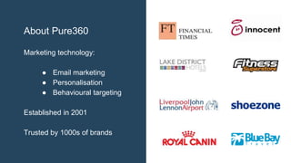 About Pure360
Marketing technology:
● Email marketing
● Personalisation
● Behavioural targeting
Established in 2001
Trusted by 1000s of brands
 
