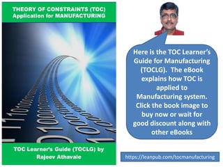 Here is the TOC Learner’s
Guide for Manufacturing
(TOCLG). The eBook
explains how TOC is
applied to
Manufacturing system.
Click the book image to
buy now or wait for
good discount along with
other eBooks
https://leanpub.com/tocmanufacturing
 