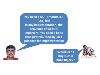You need a DO-IT-YOURSELF
(DIY) kit!
In any implementation, the
sequence of steps is
important. You need a book
that gives you step-by-step
guidance for implementation
Where can I
buy such a
book Rajeev?
 