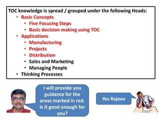 I will provide you
guidance for the
areas marked in red.
Is it good enough for
you?
TOC knowledge is spread / grouped under the following Heads:
• Basic Concepts
• Five Focusing Steps
• Basic decision making using TOC
• Applications
• Manufacturing
• Projects
• Distribution
• Sales and Marketing
• Managing People
• Thinking Processes
Yes Rajeev
 