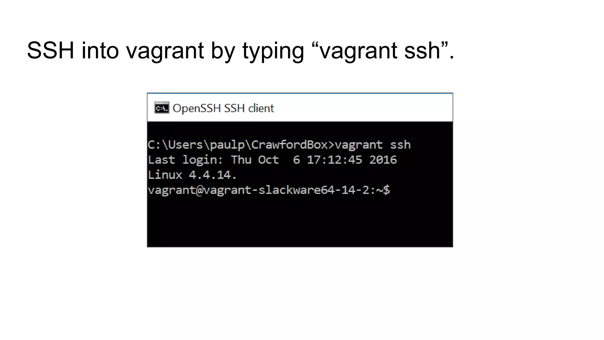 SSH into vagrant by typing “vagrant ssh”.