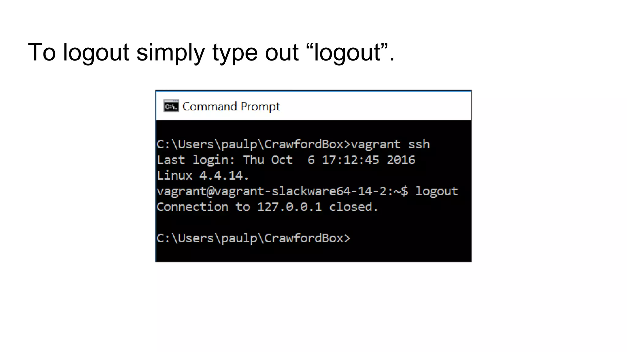 To logout simply type out “logout”.
