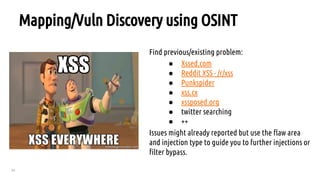 20
Mapping/Vuln Discovery using OSINT
Find previous/existing problem:
● Xssed.com
● Reddit XSS - /r/xss
● Punkspider
● xss.cx
● xssposed.org
● twitter searching
● ++
Issues might already reported but use the flaw area
and injection type to guide you to further injections or
filter bypass.
 