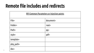 50
Remote file includes and redirects
RFI Common Parameters or Injection points
File= document=
Folder= root=
Path= pg=
style= pdf=
template=
php_path=
doc=
 
