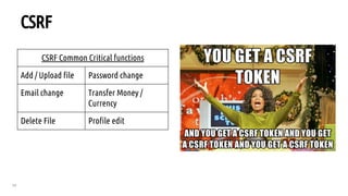 59
CSRF
CSRF Common Critical functions
Add / Upload file Password change
Email change Transfer Money /
Currency
Delete File Profile edit
 