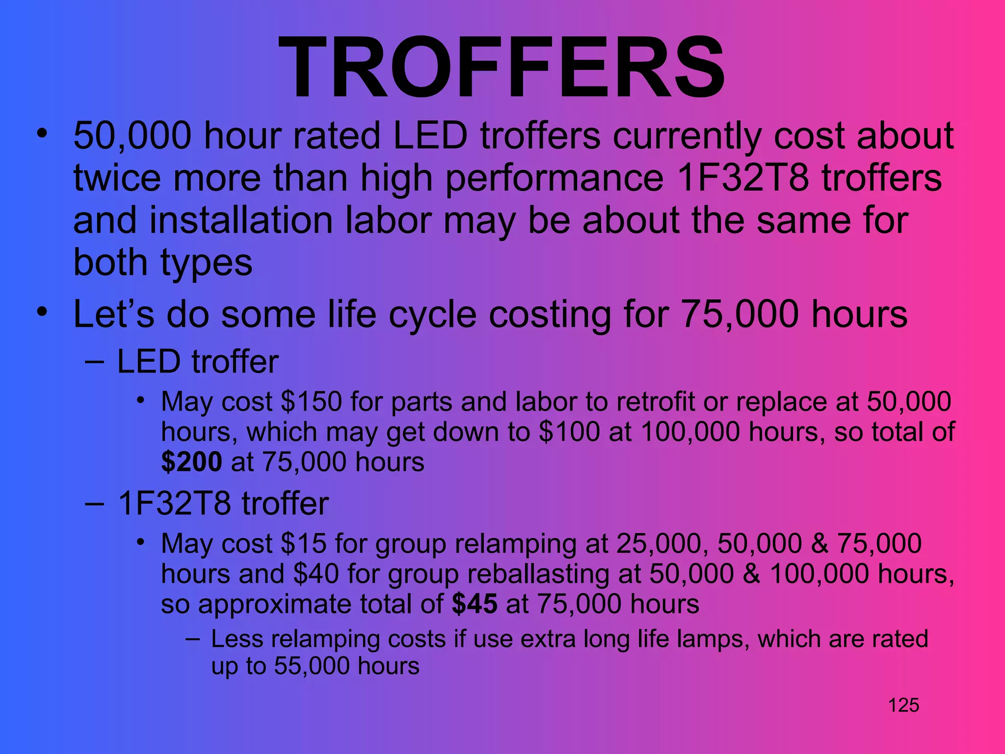 TROFFERS
• 50,000 hour rated LED troffers currently cost about
  twice more than high performance 1F32T8 troffers
  and installation labor may be about the same for
  both types
• Let’s do some life cycle costing for 75,000 hours
  – LED troffer
     • May cost $150 for parts and labor to retrofit or replace at 50,000
       hours, which may get down to $100 at 100,000 hours, so total of
       $200 at 75,000 hours
  – 1F32T8 troffer
     • May cost $15 for group relamping at 25,000, 50,000 & 75,000
       hours and $40 for group reballasting at 50,000 & 100,000 hours,
       so approximate total of $45 at 75,000 hours
         – Less relamping costs if use extra long life lamps, which are rated
           up to 55,000 hours
                                                                         125
 