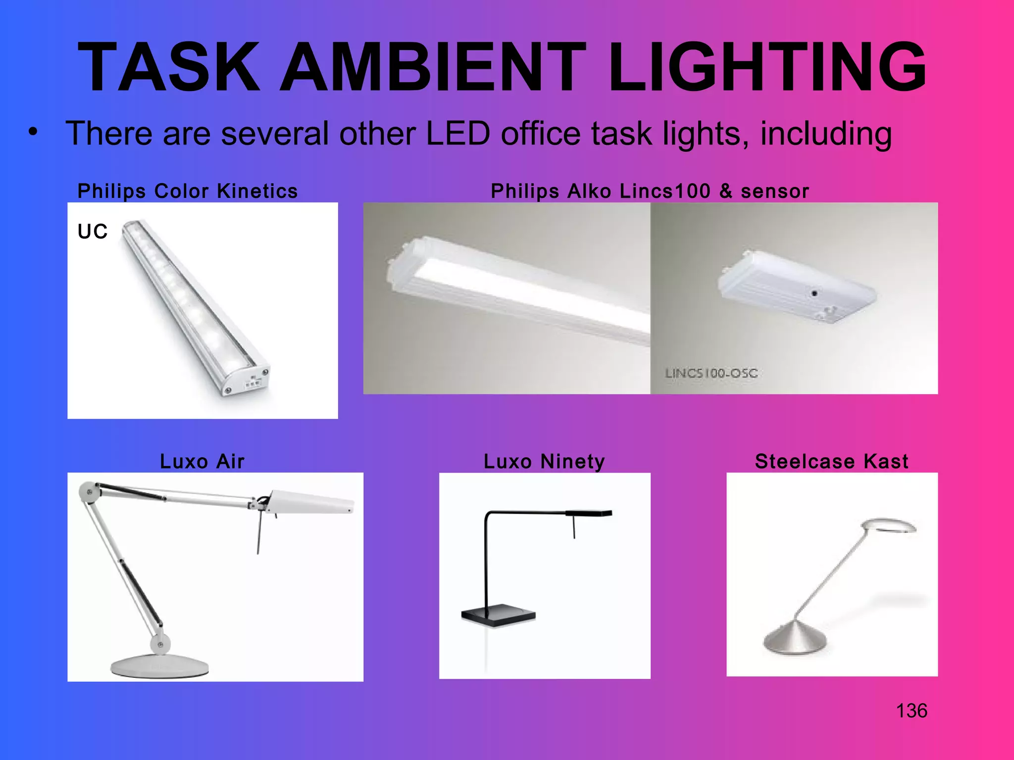 TASK AMBIENT LIGHTING
• There are several other LED office task lights, including
   Philips Color Kinetics      Philips Alko Lincs100 & sensor

   UC




           Luxo Air            Luxo Ninety             Steelcase Kast




                                                                   136
 