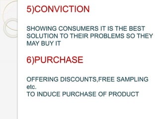 5)CONVICTION
SHOWING CONSUMERS IT IS THE BEST
SOLUTION TO THEIR PROBLEMS SO THEY
MAY BUY IT
6)PURCHASE
OFFERING DISCOUNTS,FREE SAMPLING
etc.
TO INDUCE PURCHASE OF PRODUCT
 