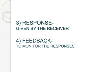3) RESPONSE-
GIVEN BY THE RECEIVER
4) FEEDBACK-
TO MONITOR THE RESPONSES
 