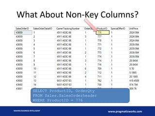 What About Non-Key Columns?

SELECT ProductID, OrderQty
FROM Sales.SalesOrderheader
WHERE ProductID = 776
MAKING BUSINESS INTELLIGENT

www.pragmaticworks.com

 